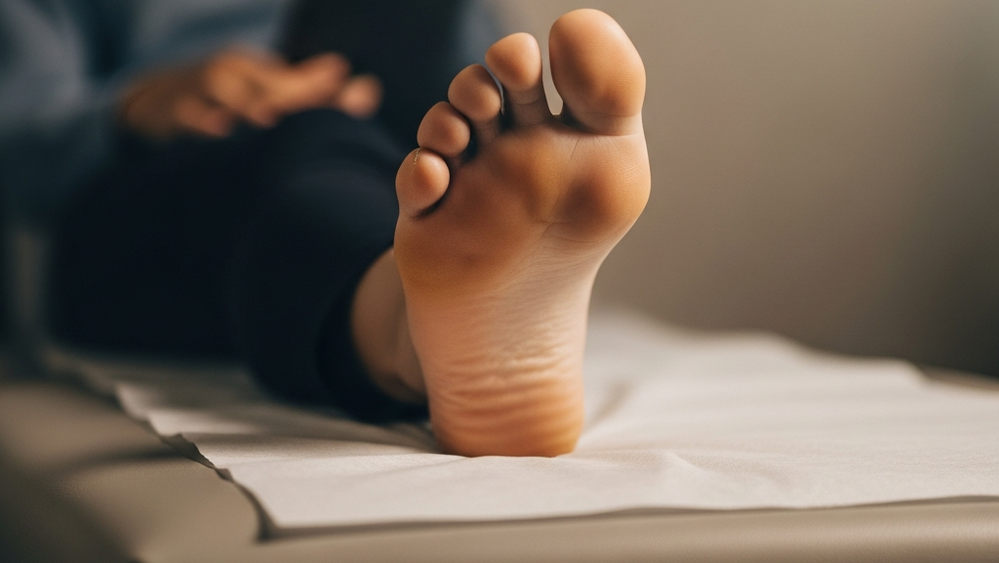 A close-up of a person's foot resting on a medical examination table, focusing on the big toe joint area with soft lighting.