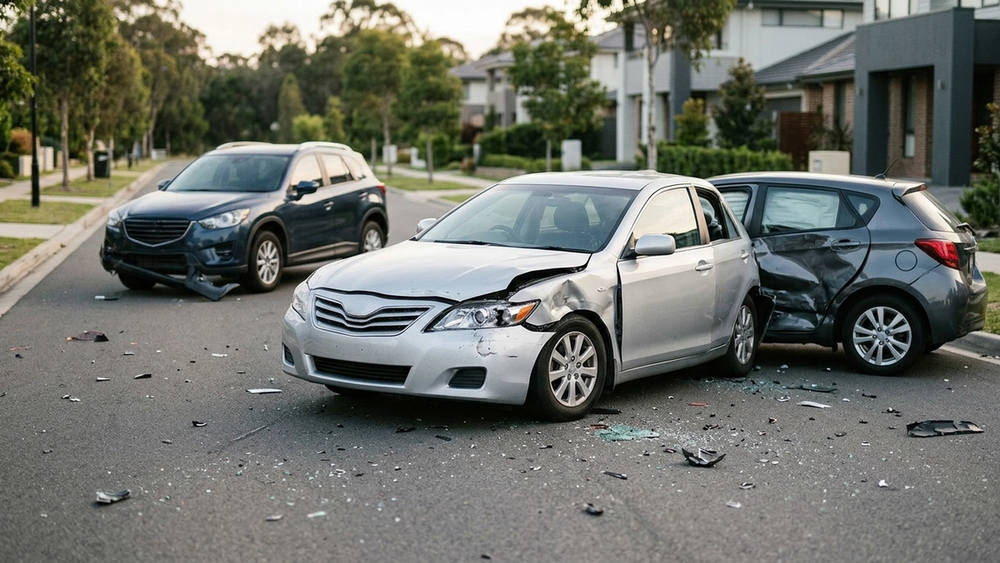 Three damaged passenger vehicles rest on a quiet asphalt road surrounded by scattered debris from a collision.