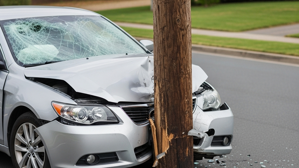 A silver sedan crashed into a wooden utility pole on a suburban street, showing significant front-end damage and shattered glass.