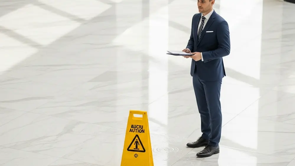 A high-angle view of a clean, polished marble floor in a bright lobby with a yellow safety cone placed near a small, nearly invisible puddle of water.