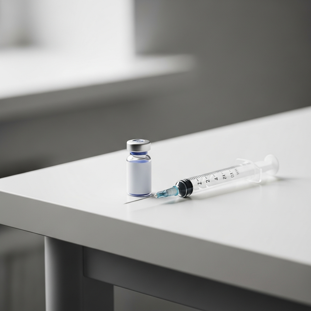 A close-up of a birth control injection vial and a medical syringe sitting on a white clinical table.