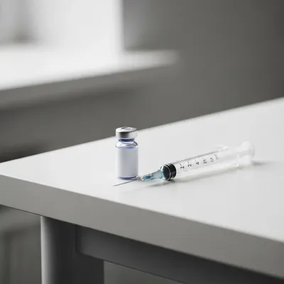 A close-up of a birth control injection vial and a medical syringe sitting on a white clinical table.