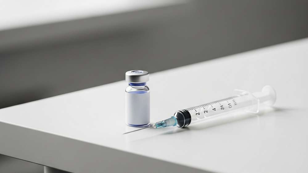 A close-up of a birth control injection vial and a medical syringe sitting on a white clinical table.