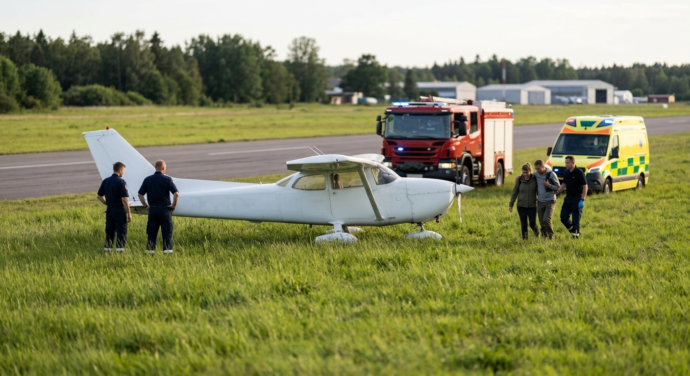 A small white propeller plane resting in a grassy field with emergency response vehicles in the background at an airfield.
