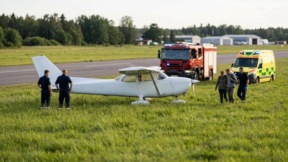 A small white propeller plane resting in a grassy field with emergency response vehicles in the background at an airfield.