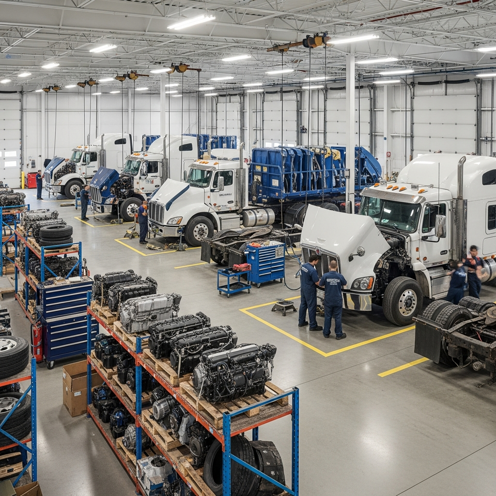 A heavy-duty semi-truck parts distributor warehouse with maintenance bays and large transport vehicles being serviced in a clean industrial setting.