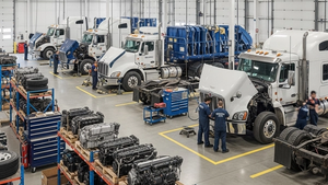 A heavy-duty semi-truck parts distributor warehouse with maintenance bays and large transport vehicles being serviced in a clean industrial setting.