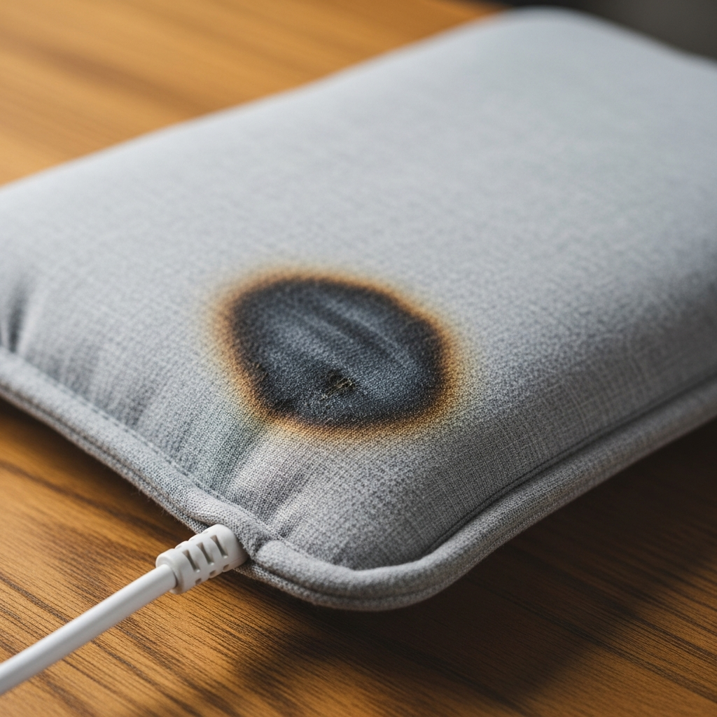 A close-up view of a soft gray fabric heating pad with a white power cord resting on a wooden table, showing a scorched and discolored area on the fabric.