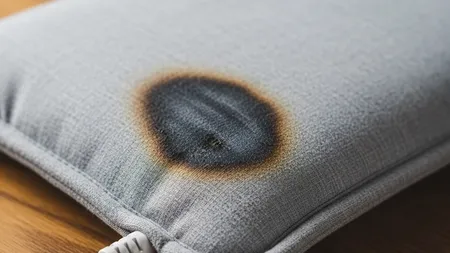 A close-up view of a soft gray fabric heating pad with a white power cord resting on a wooden table, showing a scorched and discolored area on the fabric.