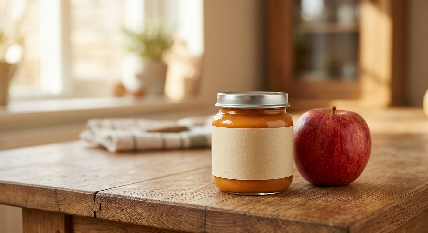 A glass jar of organic baby food sitting on a wooden kitchen counter next to a fresh apple with soft sunlight in the background.