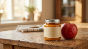 A glass jar of organic baby food sitting on a wooden kitchen counter next to a fresh apple with soft sunlight in the background.
