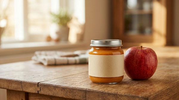 A glass jar of organic baby food sitting on a wooden kitchen counter next to a fresh apple with soft sunlight in the background.