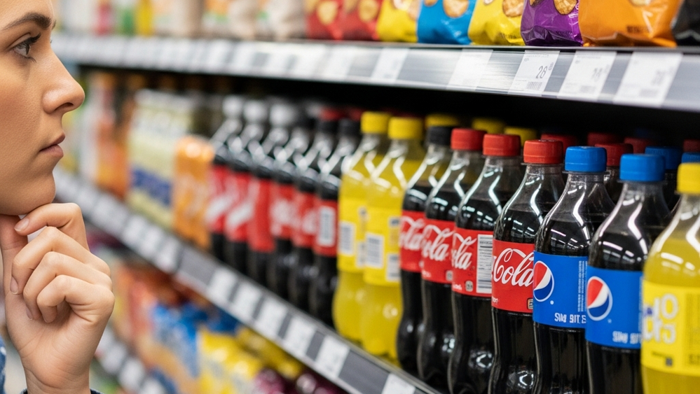 A person looking thoughtfully at a variety of brightly packaged snacks and soda bottles on a grocery store shelf.
