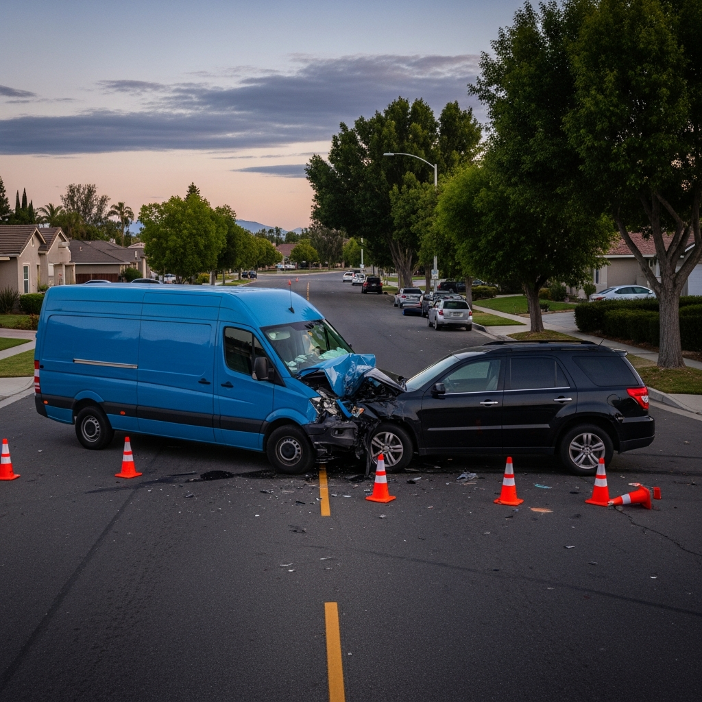 A blue delivery van and a dark SUV collided on a suburban Riverside street with visible damage and orange traffic cones under a dusk sky.