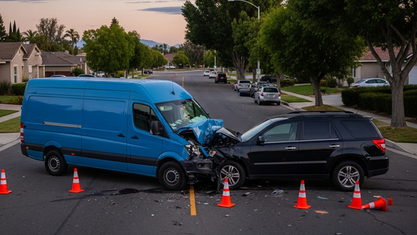 A blue delivery van and a dark SUV collided on a suburban Riverside street with visible damage and orange traffic cones under a dusk sky.