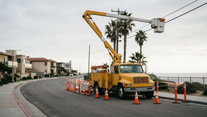 A yellow utility maintenance truck with an extended cherry picker crane parked on a coastal street near a cordoned-off construction area with orange safety cones.