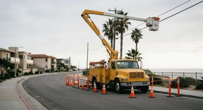 A yellow utility maintenance truck with an extended cherry picker crane parked on a coastal street near a cordoned-off construction area with orange safety cones.