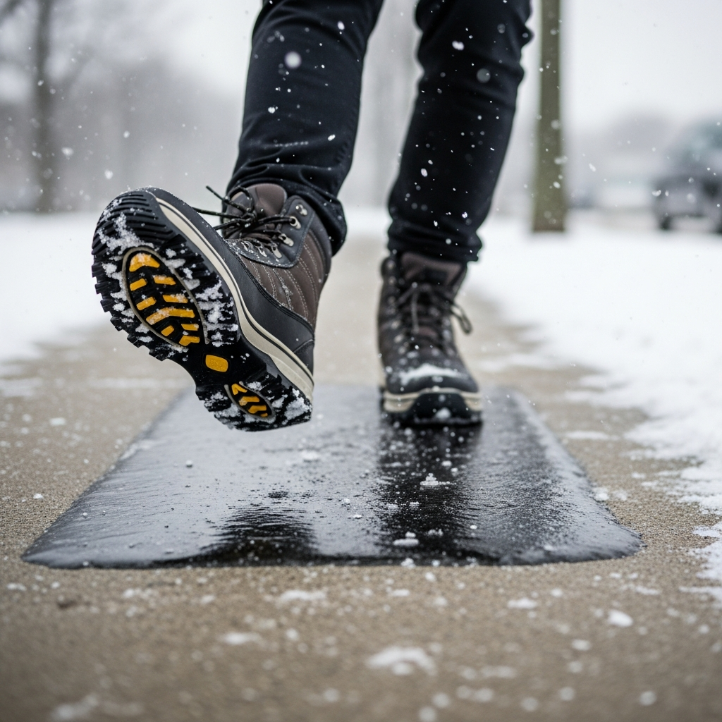A person wearing winter boots slipping on a transparent patch of black ice on a concrete sidewalk during a snowy day.