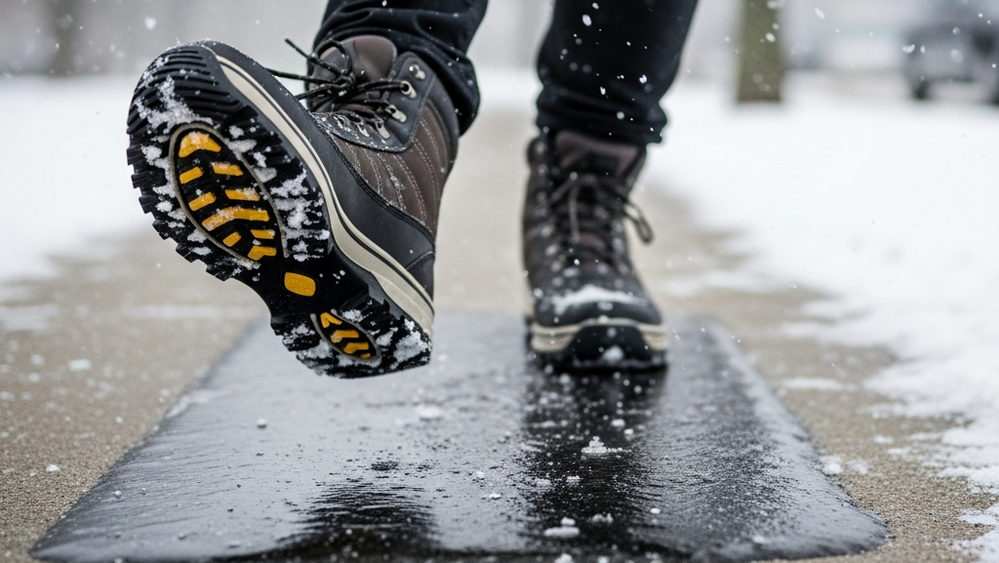 A person wearing winter boots slipping on a transparent patch of black ice on a concrete sidewalk during a snowy day.