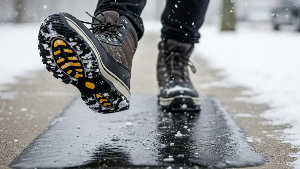A person wearing winter boots slipping on a transparent patch of black ice on a concrete sidewalk during a snowy day.
