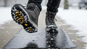 A person wearing winter boots slipping on a transparent patch of black ice on a concrete sidewalk during a snowy day.