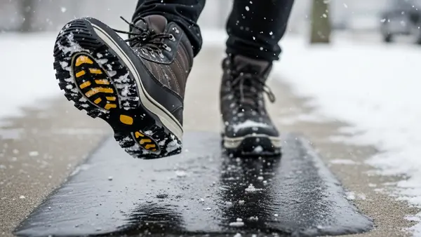 A person wearing winter boots slipping on a transparent patch of black ice on a concrete sidewalk during a snowy day.