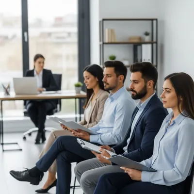 A diverse group of job applicants sitting in a modern office waiting area with folders in hand while a hiring manager works in the background.