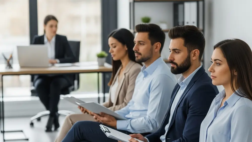 A diverse group of job applicants sitting in a modern office waiting area with folders in hand while a hiring manager works in the background.
