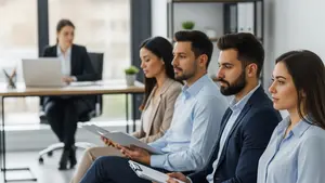 A diverse group of job applicants sitting in a modern office waiting area with folders in hand while a hiring manager works in the background.