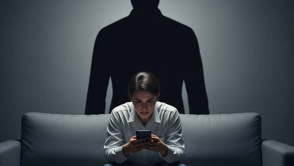 A person sitting on a sofa using a smartphone with a worried expression while a large shadowed figure stands behind them.