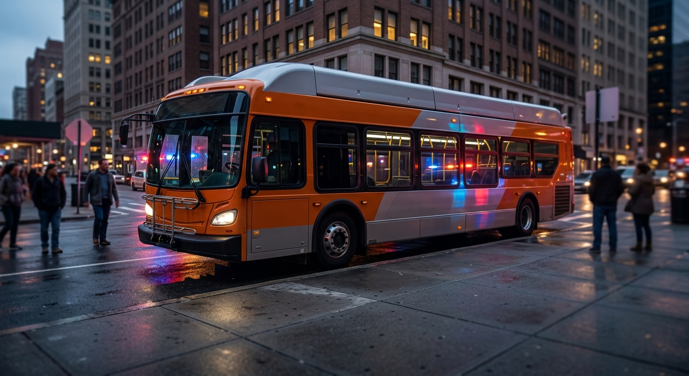 A large metropolitan transit bus stopped at a street corner with emergency lights reflecting on its silver and orange side panels.