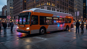 A large metropolitan transit bus stopped at a street corner with emergency lights reflecting on its silver and orange side panels.
