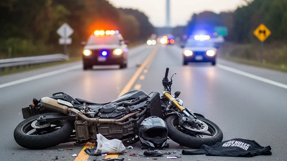 A crashed motorcycle on the side of a road with a helmet and emergency lights in the background.