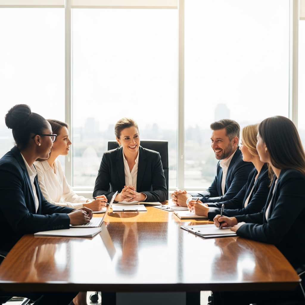 A diverse group of professional office workers sitting around a wooden conference table in a sunlit modern office space.