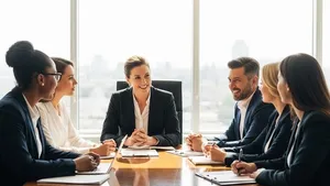 A diverse group of professional office workers sitting around a wooden conference table in a sunlit modern office space.