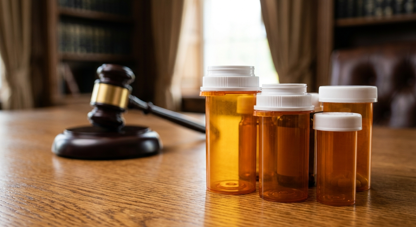 A close up of various pharmaceutical pill bottles on a wooden desk with a legal gavel in the blurred background