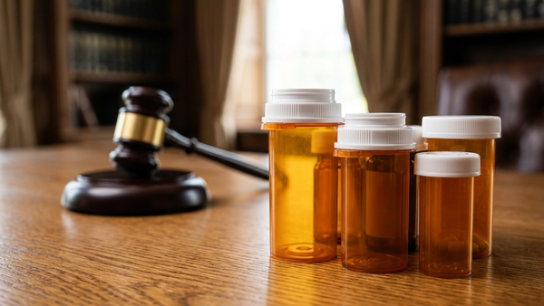 A close up of various pharmaceutical pill bottles on a wooden desk with a legal gavel in the blurred background