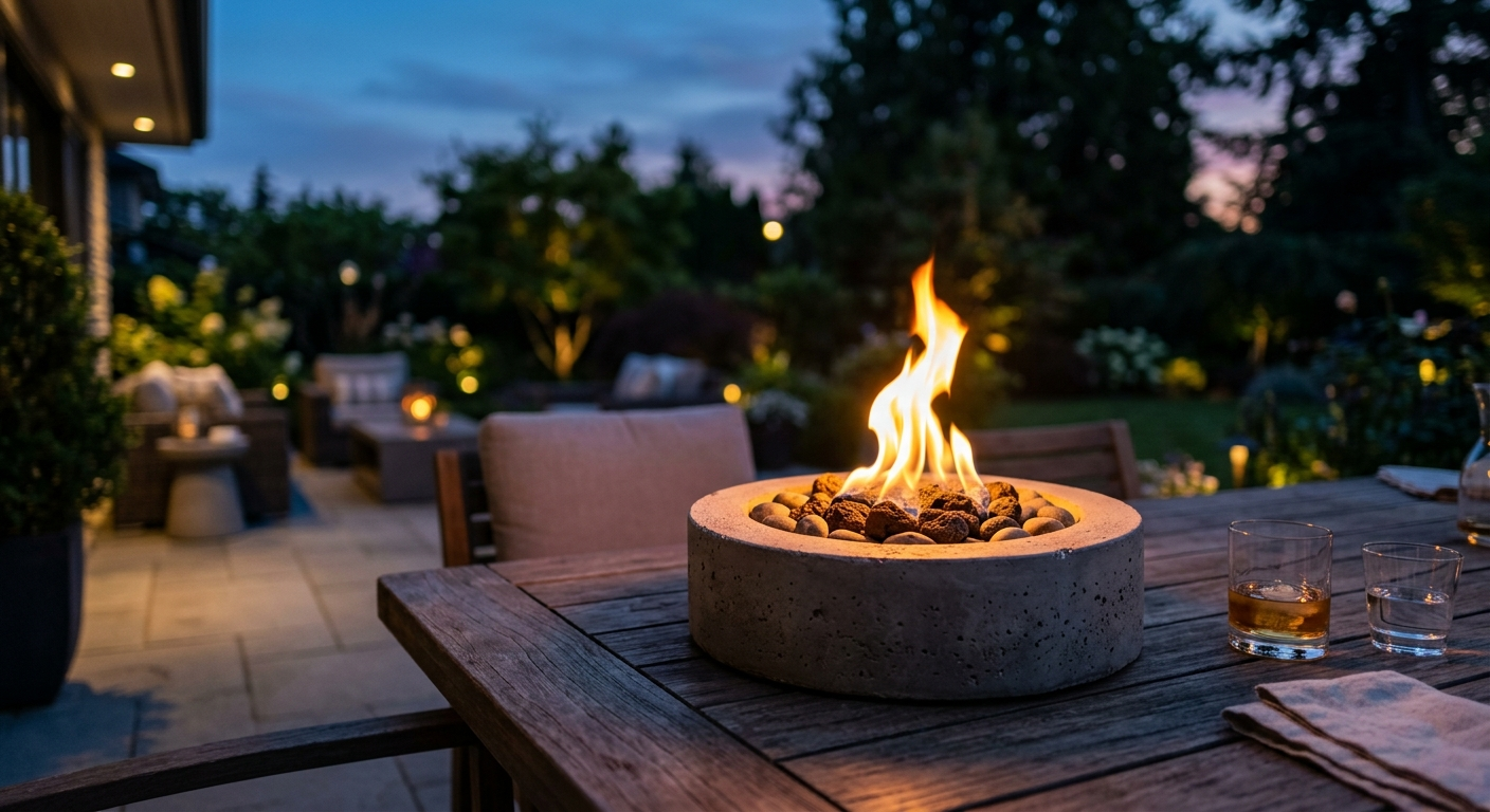 A small circular concrete tabletop fire pit emitting a bright orange flame on an outdoor patio table at dusk