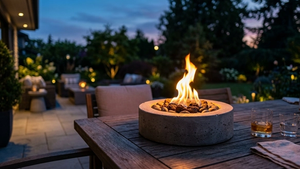 A small circular concrete tabletop fire pit emitting a bright orange flame on an outdoor patio table at dusk