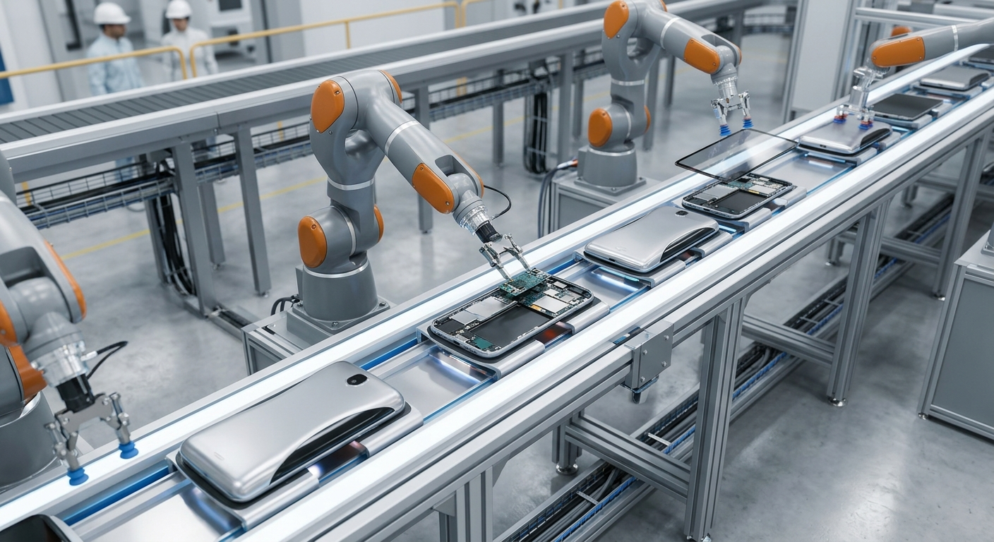 A high-angle view of a modern consumer product assembly line with robotic arms assembling a complex electronic device in a clean manufacturing facility.