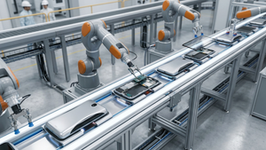 A high-angle view of a modern consumer product assembly line with robotic arms assembling a complex electronic device in a clean manufacturing facility.