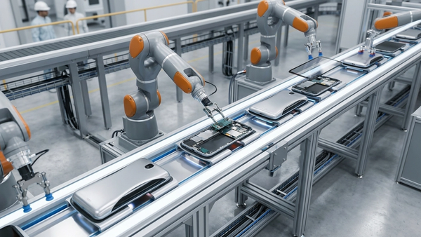 A high-angle view of a modern consumer product assembly line with robotic arms assembling a complex electronic device in a clean manufacturing facility.