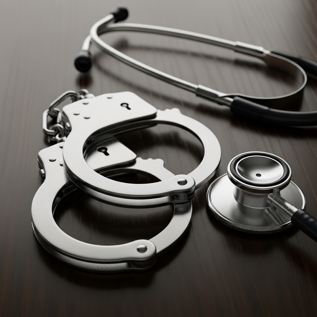 A close-up of metal handcuffs lying on a dark wooden surface next to a medical stethoscope, symbolizing the intersection of law and physical injury.