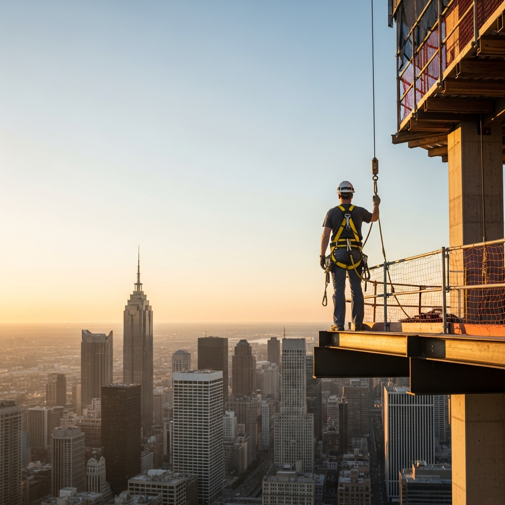 A construction worker wearing a yellow safety harness and helmet stands on a high steel beam of a skyscraper under construction, looking out over a city skyline at sunset.