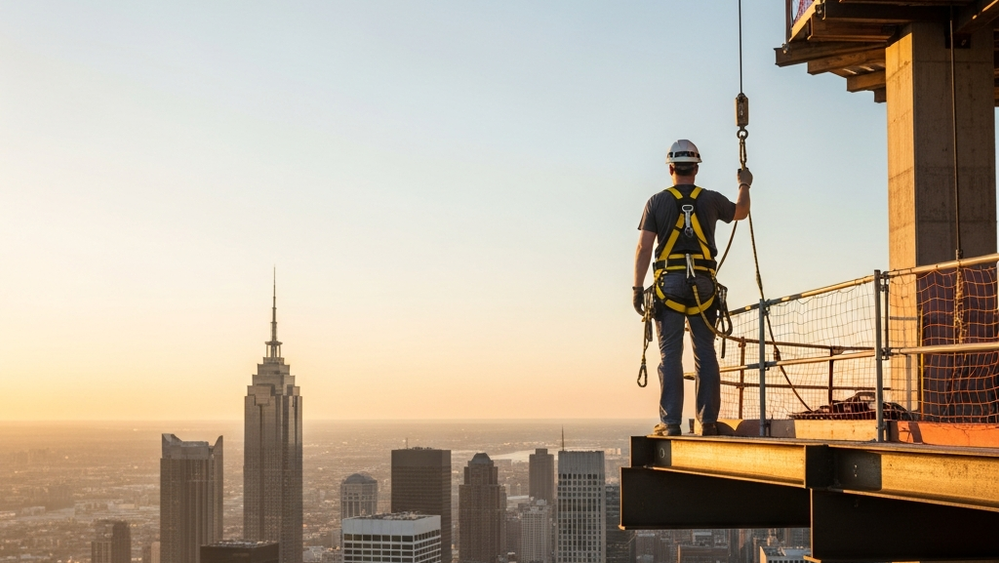 A construction worker wearing a yellow safety harness and helmet stands on a high steel beam of a skyscraper under construction, looking out over a city skyline at sunset.