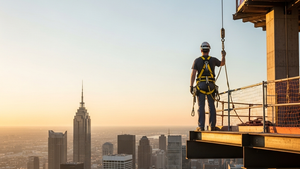 A construction worker wearing a yellow safety harness and helmet stands on a high steel beam of a skyscraper under construction, looking out over a city skyline at sunset.