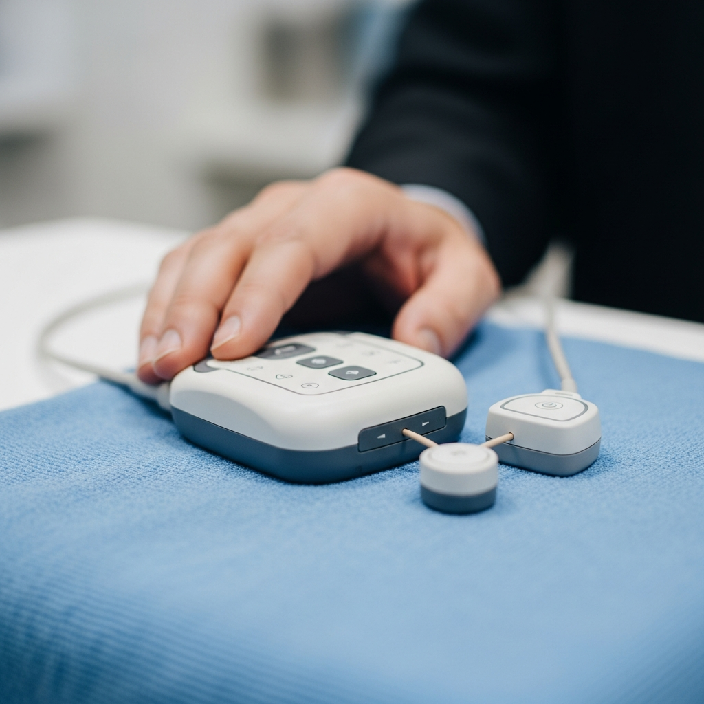 A close-up view of a medical spinal cord stimulator implant device resting on a sterile blue cloth in a clinical setting.