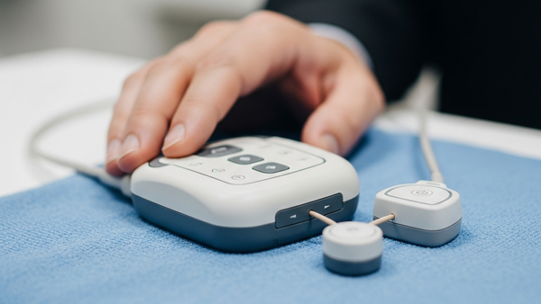 A close-up view of a medical spinal cord stimulator implant device resting on a sterile blue cloth in a clinical setting.