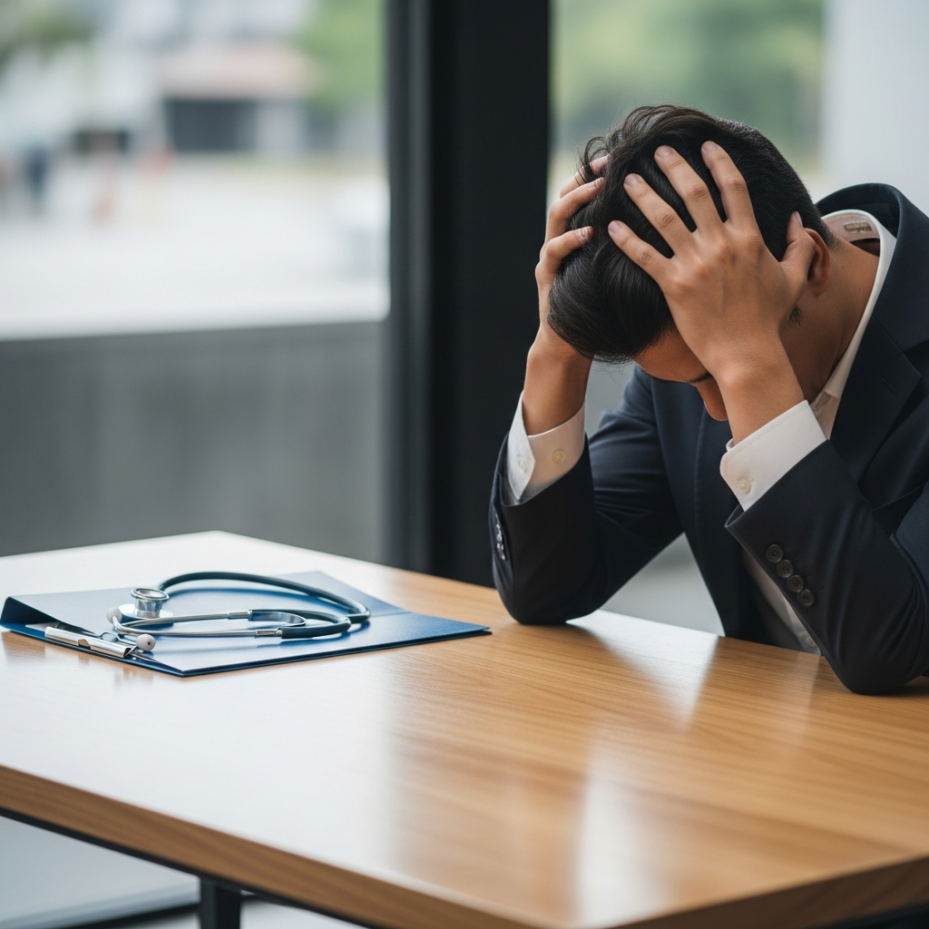 A person sitting at a wooden desk with their head in their hands looking stressed with a medical folder and a stethoscope nearby