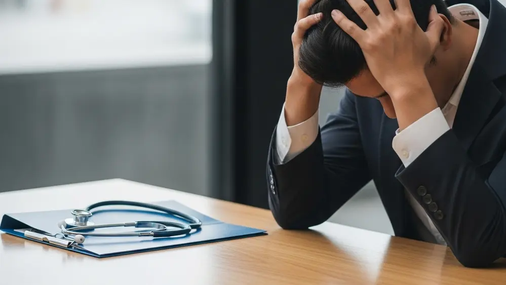 A person sitting at a wooden desk with their head in their hands looking stressed with a medical folder and a stethoscope nearby